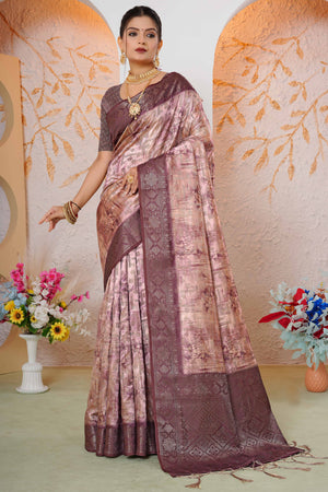 Premium Peach Woven & Digitally Printed Silk Saree with Stylish Tassel Pallu