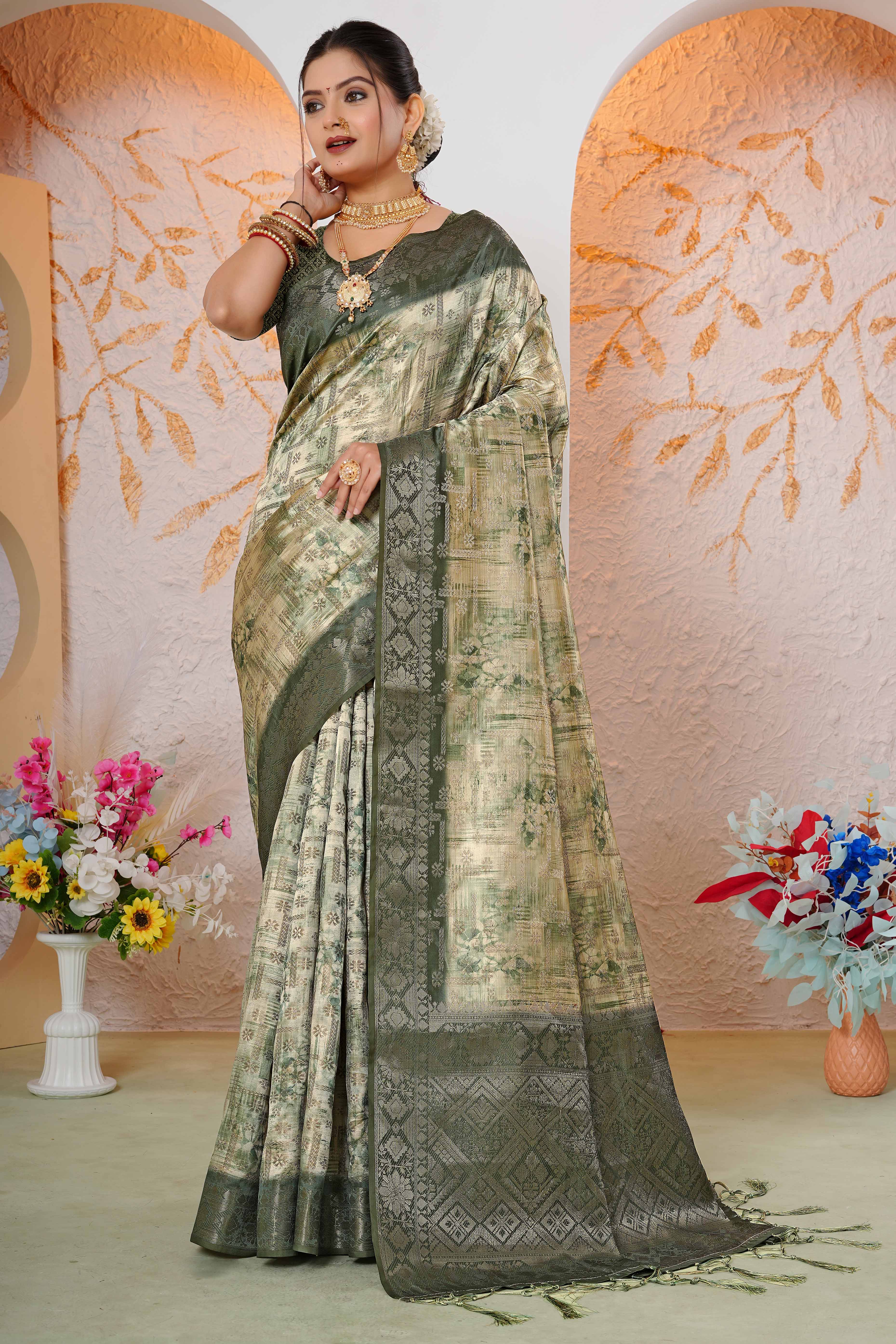Premium Green Woven & Digitally Printed Silk Saree with Stylish Tassel Pallu