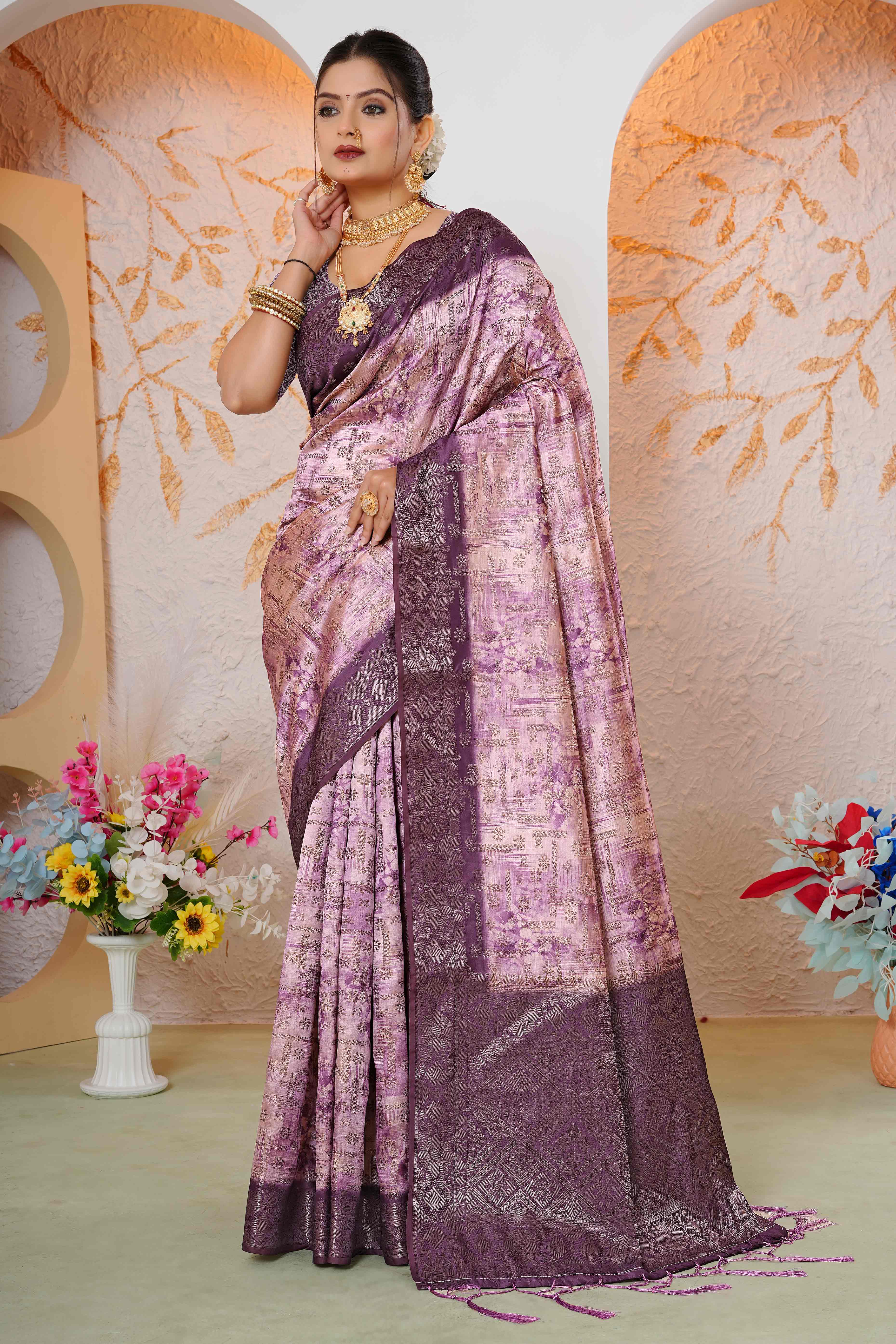 Premium Wine Woven & Digitally Printed Silk Saree with Stylish Tassel Pallu