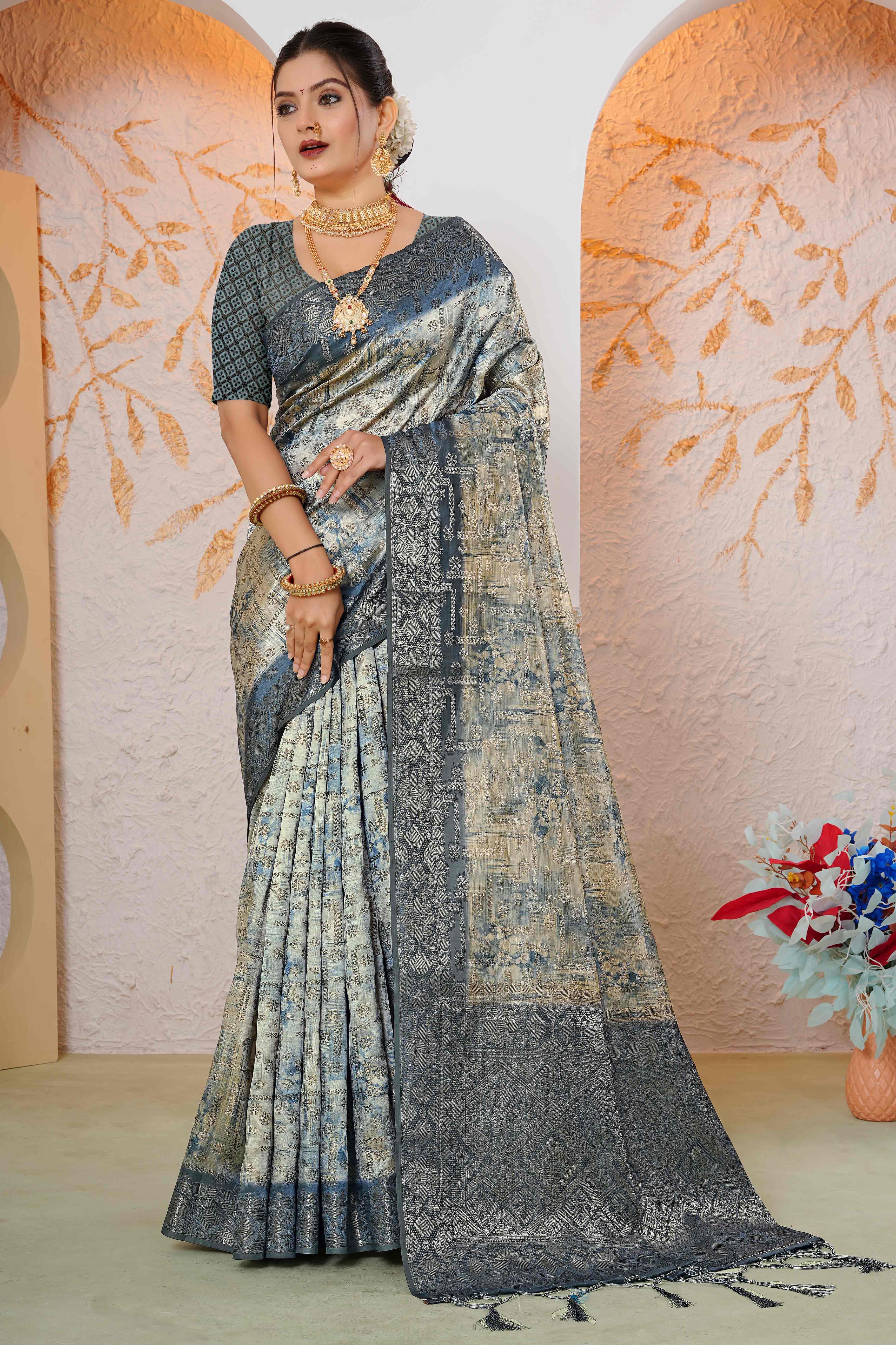 Premium Blue Woven & Digitally Printed Silk Saree with Stylish Tassel Pallu