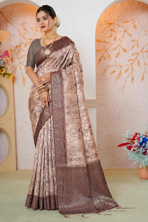 Premium Brown Woven & Digitally Printed Silk Saree with Stylish Tassel Pallu