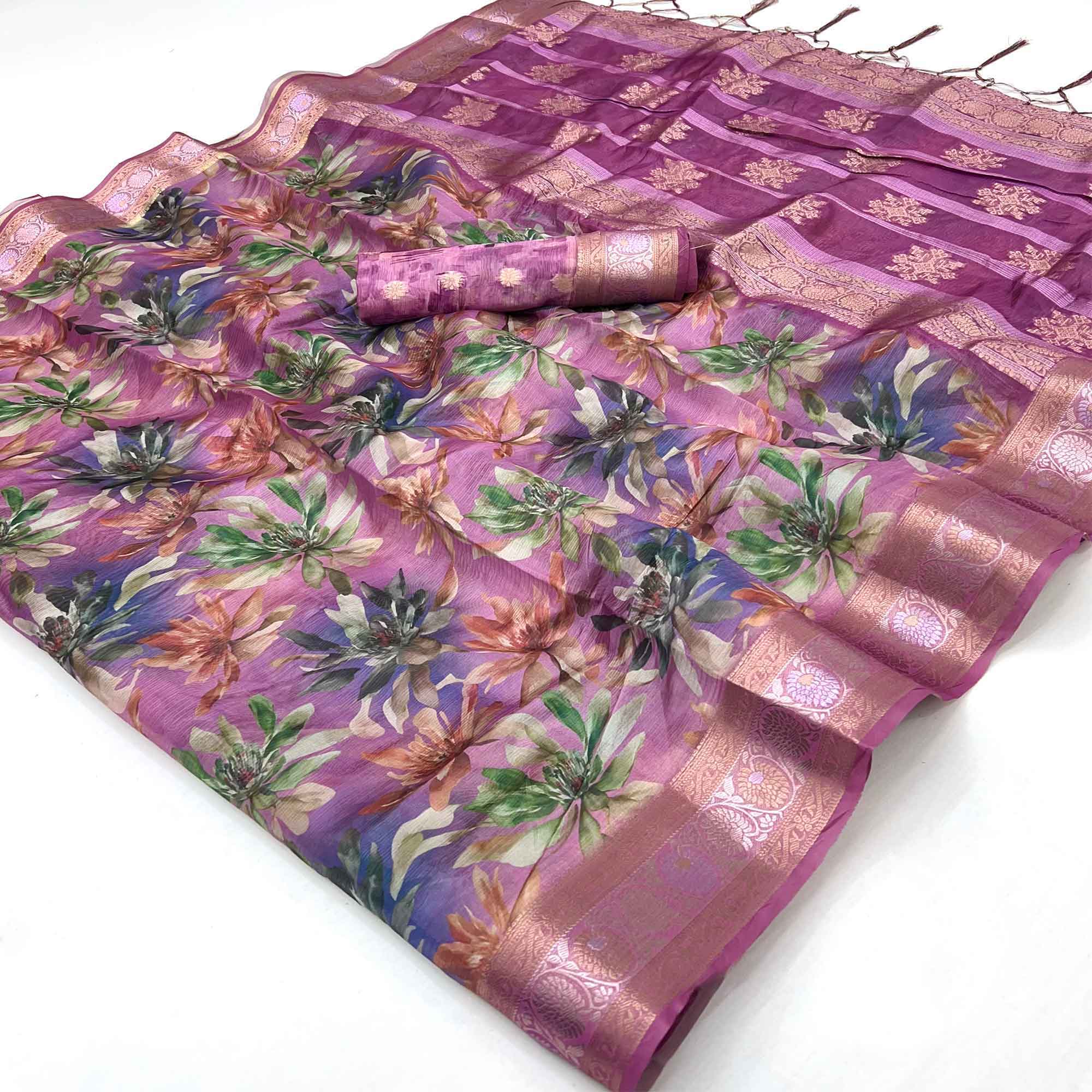Graceful Purple Floral Zari Woven Silk Blend Saree With Digital Prints