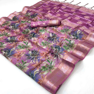 Graceful Purple Floral Zari Woven Silk Blend Saree With Digital Prints