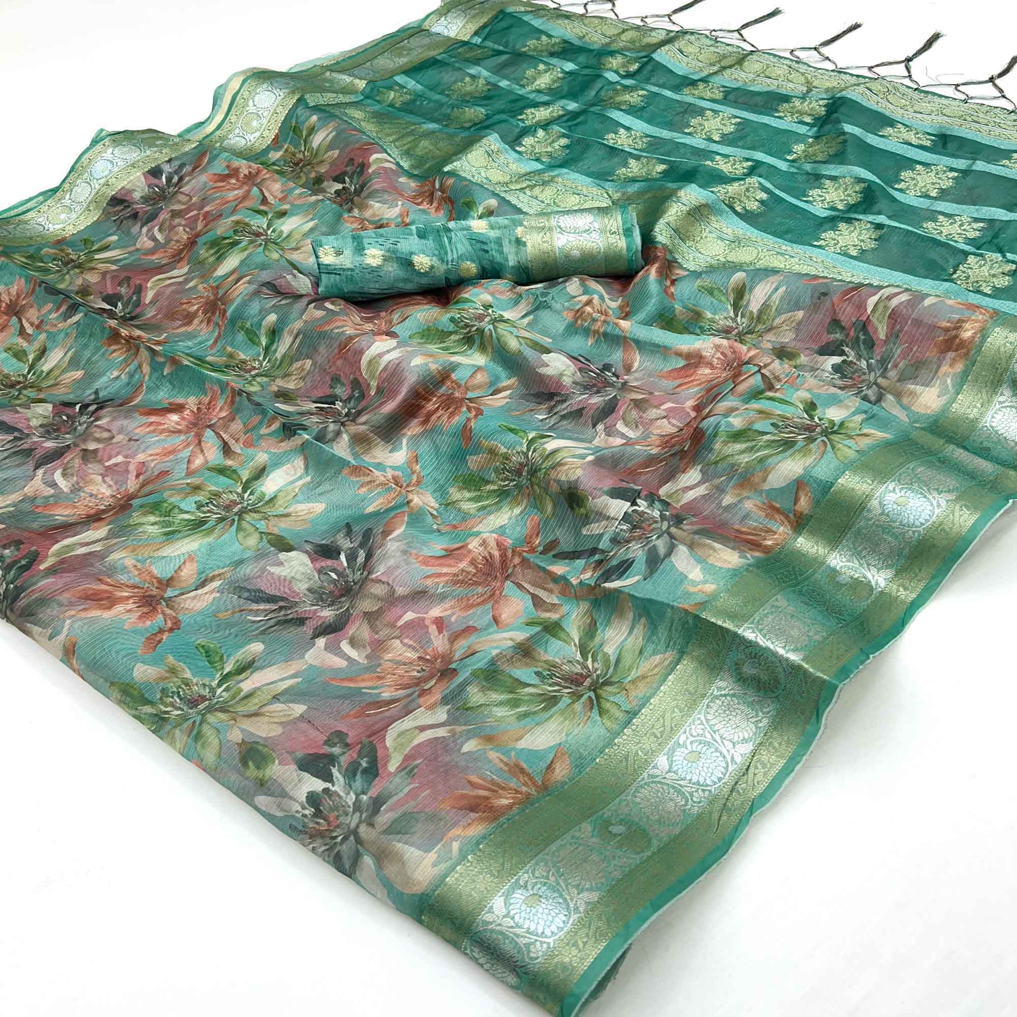 Graceful Rama Green Floral Zari Woven Silk Blend Saree With Digital Prints