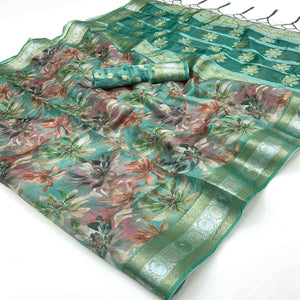 Graceful Rama Green Floral Zari Woven Silk Blend Saree With Digital Prints
