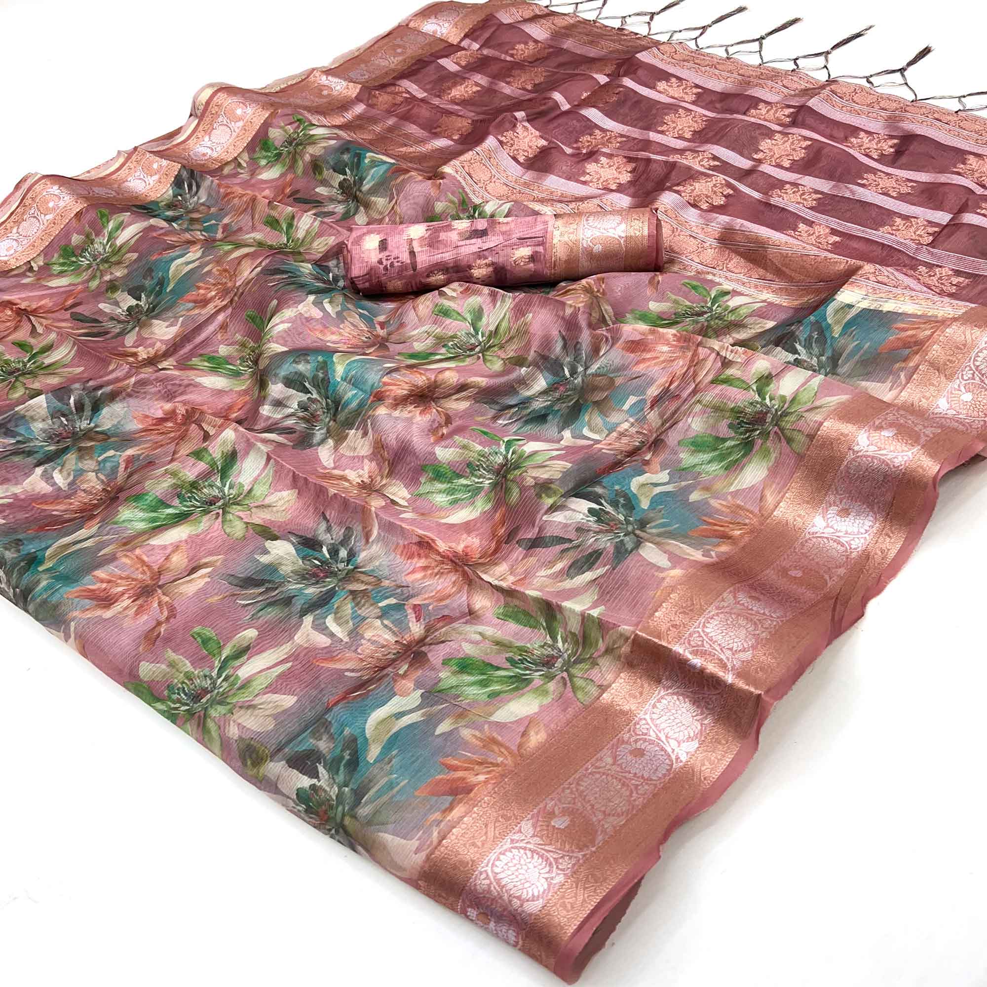 Graceful Peach Floral Zari Woven Silk Blend Saree With Digital Prints