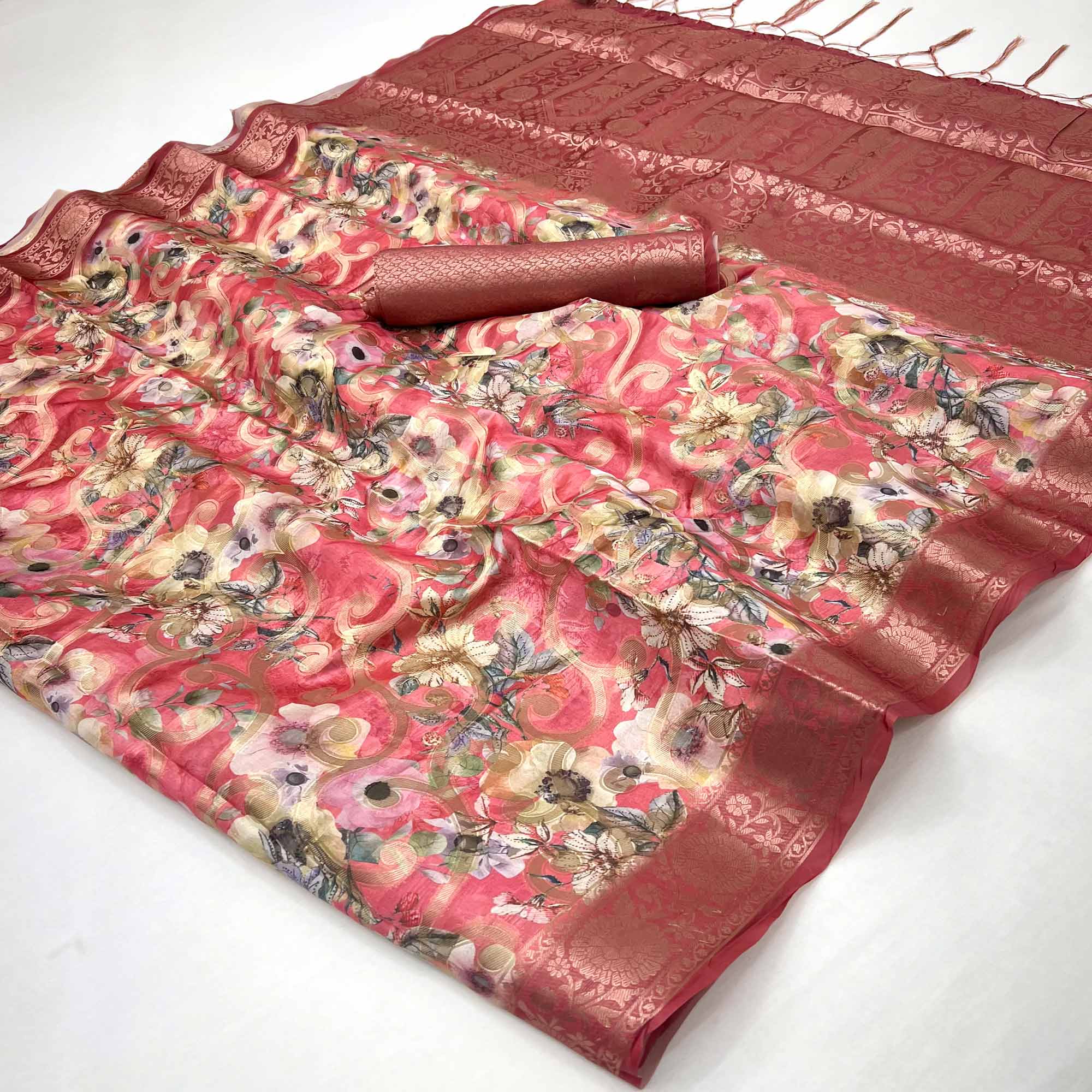 Stylish Gajari Pink Floral Woven & Digital Printed Silk Blend Saree With Tassel Pallu