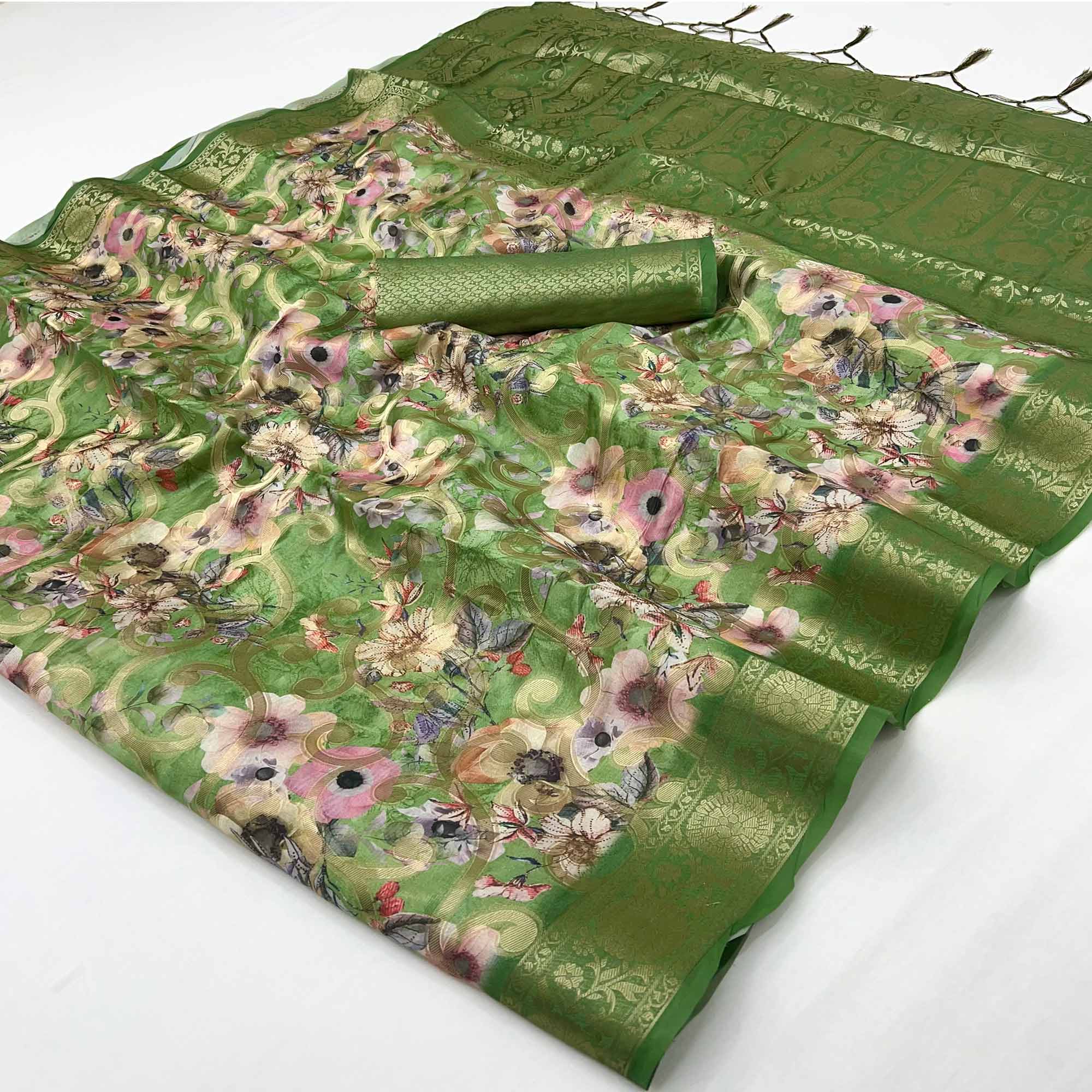 Stylish Green Floral Woven & Digital Printed Silk Blend Saree With Tassel Pallu
