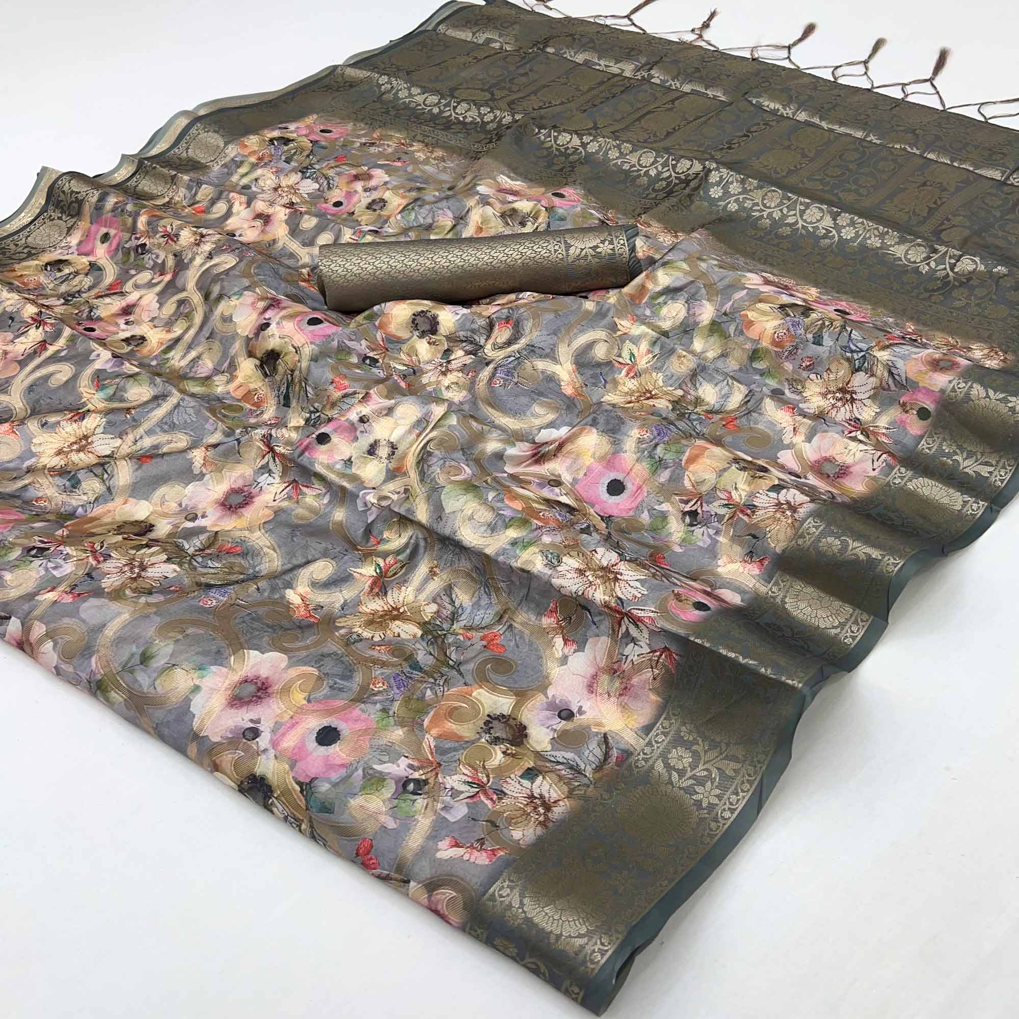Stylish Grey Floral Woven & Digital Printed Silk Blend Saree With Tassel Pallu