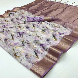 Elegant Lavender Silk Blend Saree With Zig-Zag Digital Print & Weaving Work