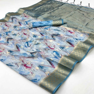 Elegant Blue Silk Blend Saree With Zig-Zag Digital Print & Weaving Work