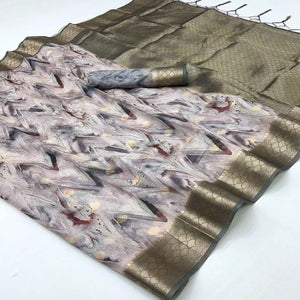 Elegant Grey Silk Blend Saree With Zig-Zag Digital Print & Weaving Work