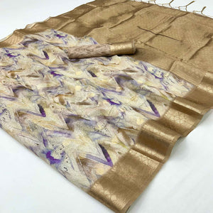 Elegant Chikoo Silk Blend Saree With Zig-Zag Digital Print & Weaving Work