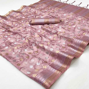 Dusty Pink Floral Motif Weaving & Artistic Digital Printed Silk Blend Saree With Tassel Pallu