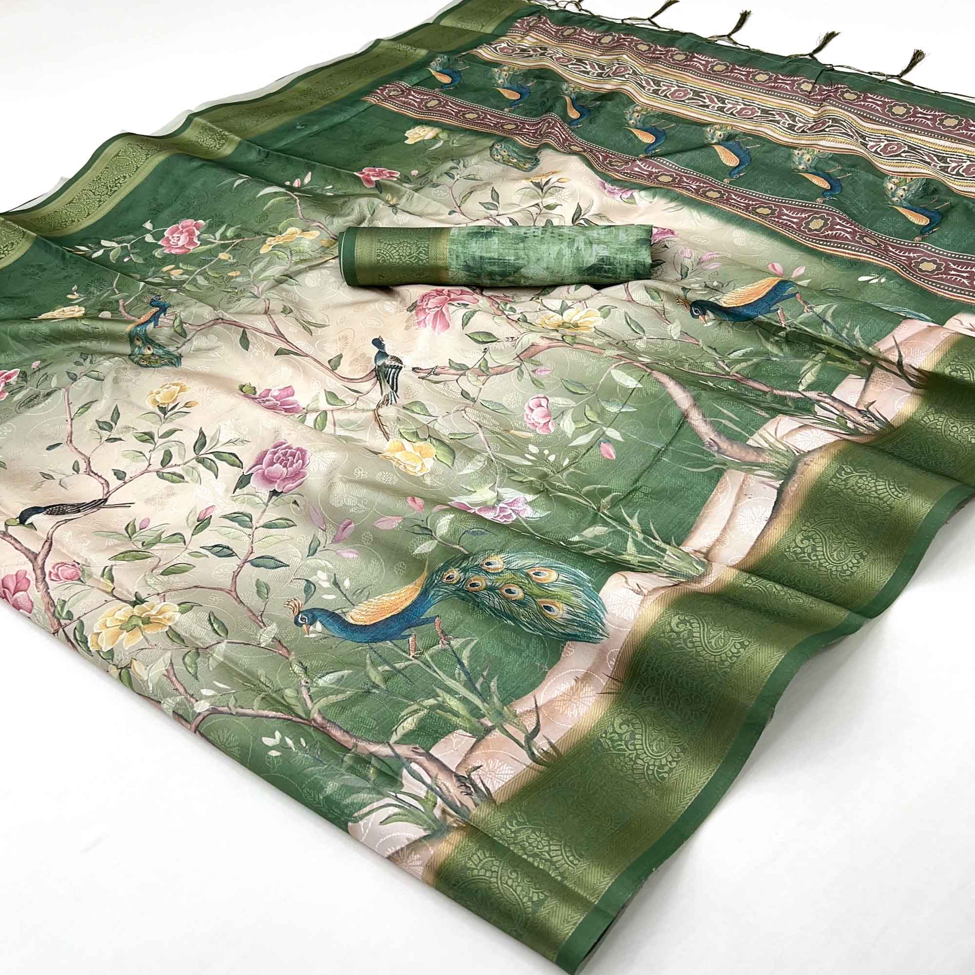 Charming Green Weaving Silk Blend Saree Adorned With Floral & Peacock Digital Prints
