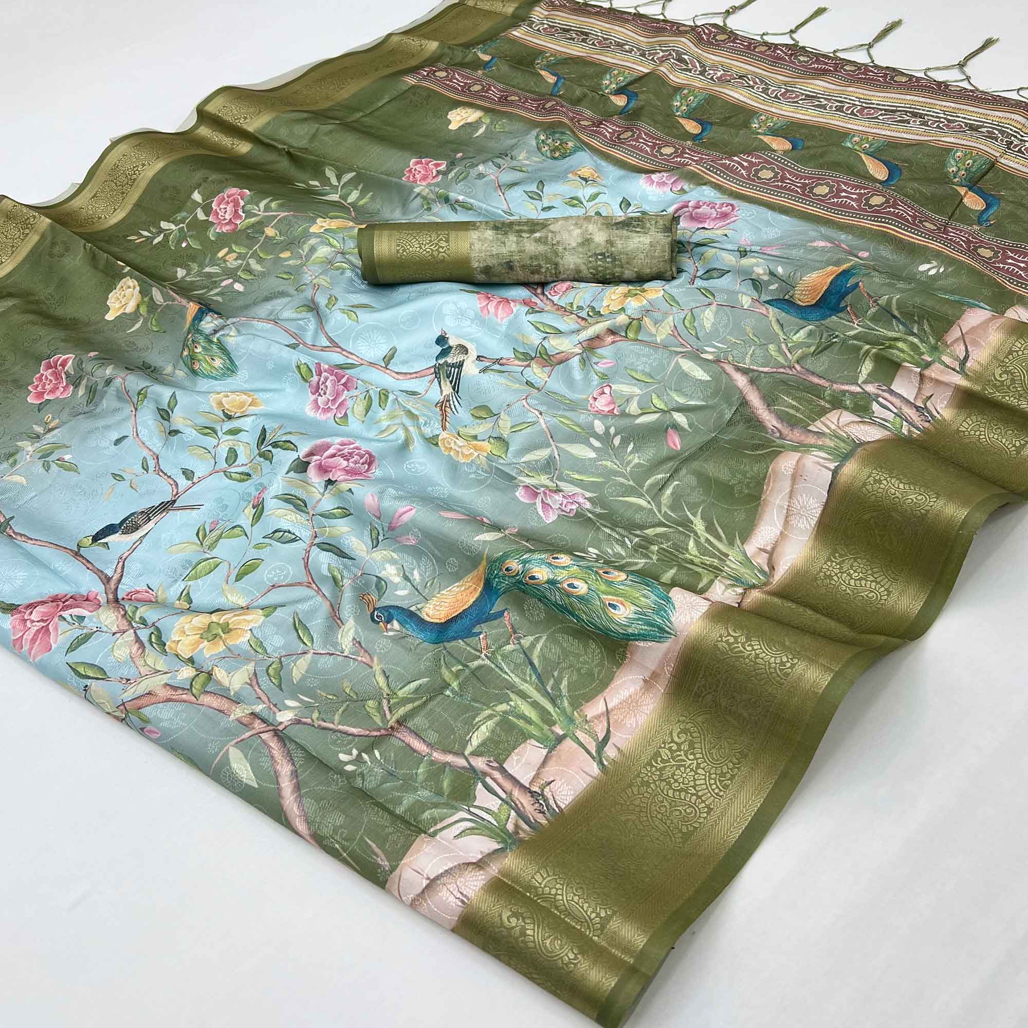 Charming Mehendi Green Weaving Silk Blend Saree Adorned With Floral & Peacock Digital Prints