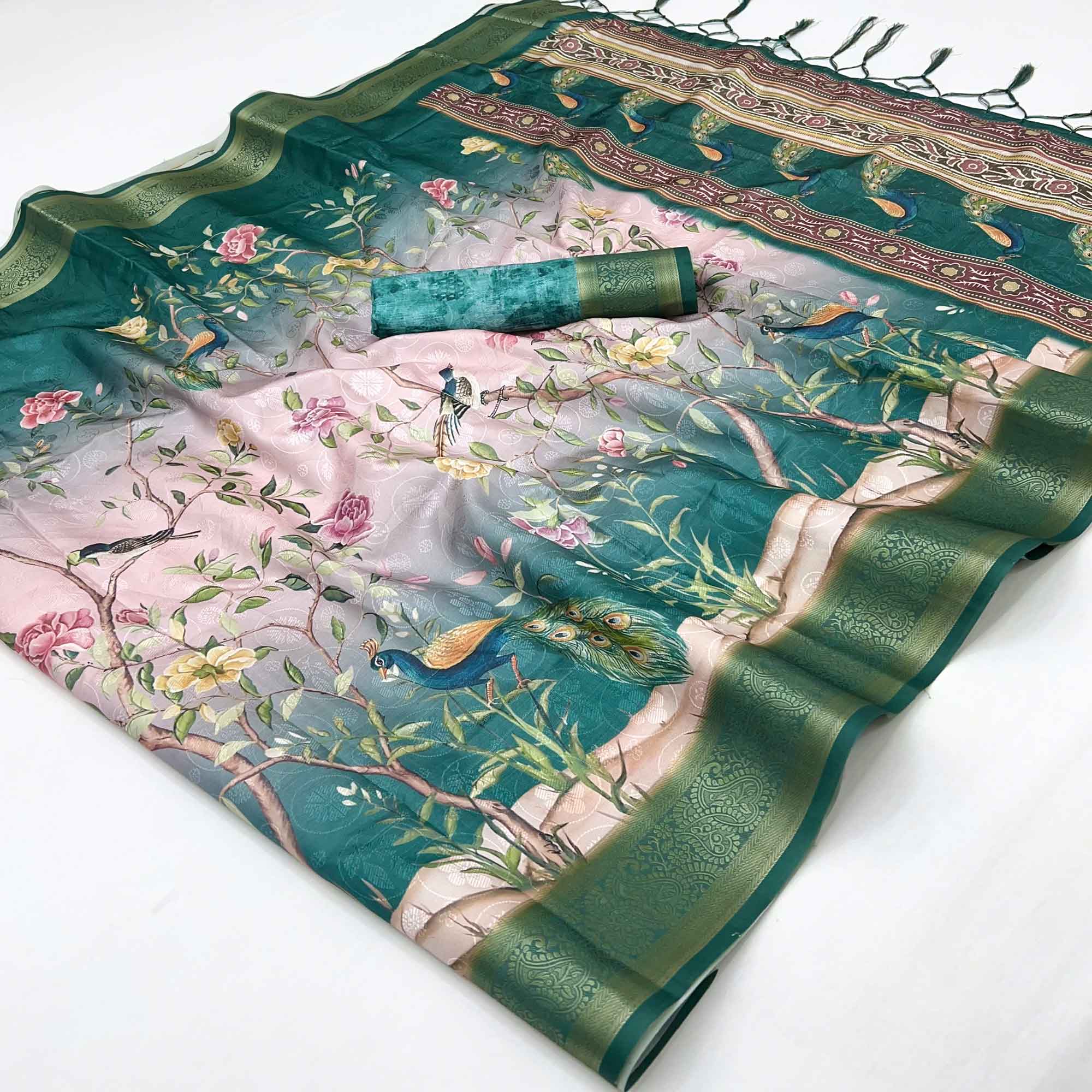 Charming Teal Weaving Silk Blend Saree Adorned With Floral & Peacock Digital Prints