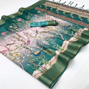 Charming Teal Weaving Silk Blend Saree Adorned With Floral & Peacock Digital Prints
