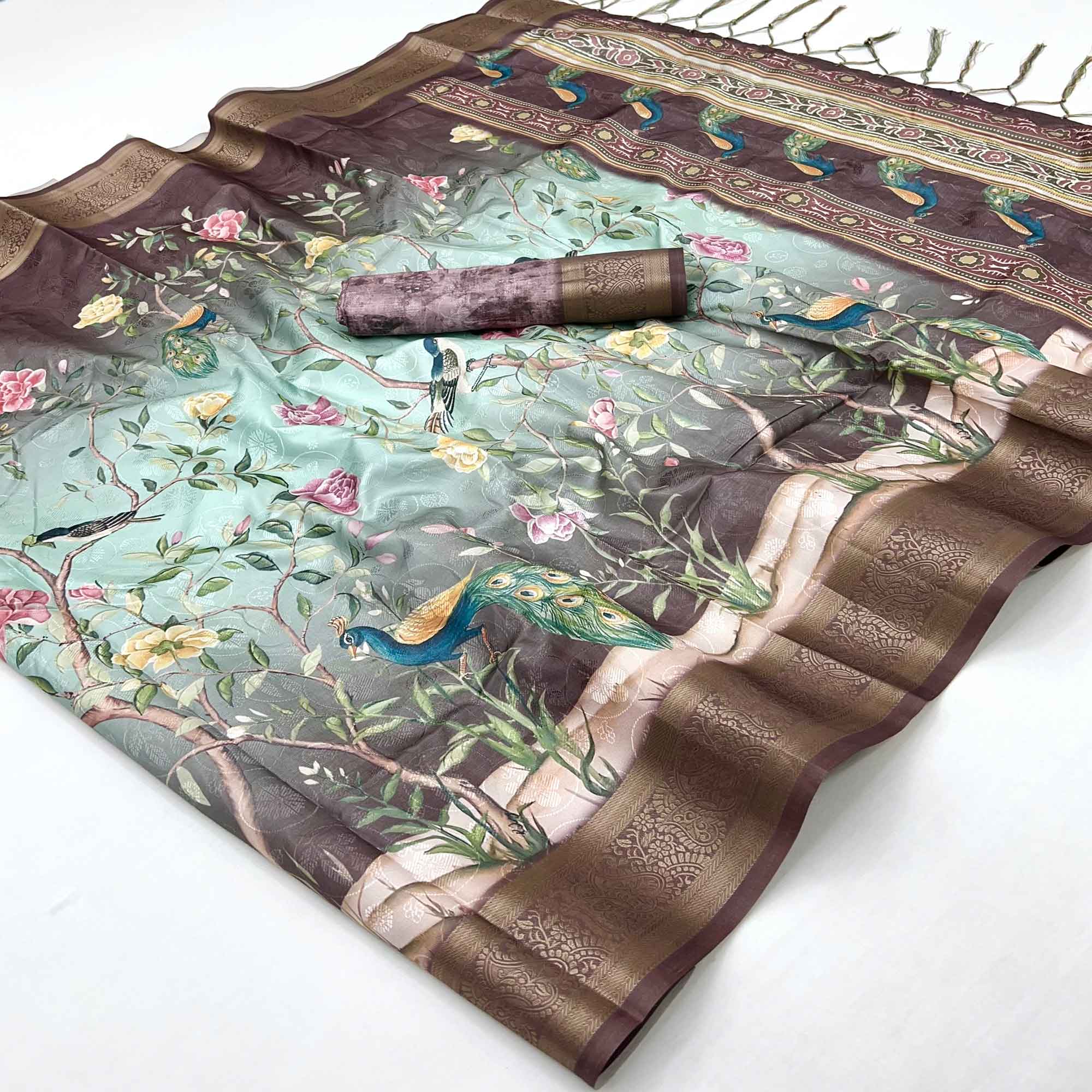 Charming Wine Weaving Silk Blend Saree Adorned With Floral & Peacock Digital Prints