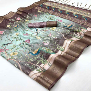 Charming Wine Weaving Silk Blend Saree Adorned With Floral & Peacock Digital Prints