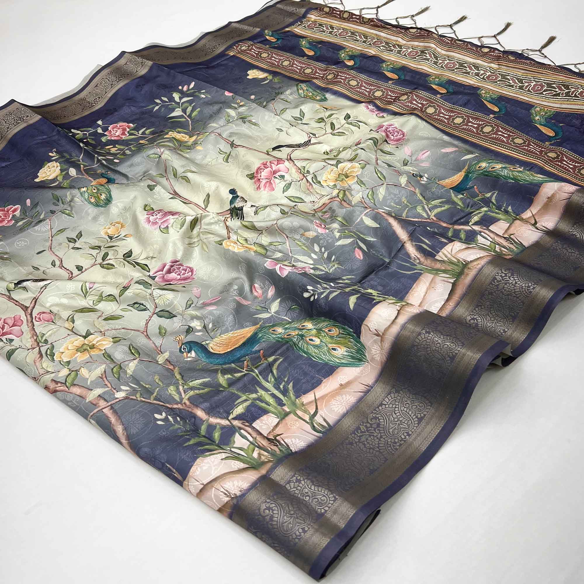 Charming Nav Blue Weaving Silk Blend Saree Adorned With Floral & Peacock Digital Prints