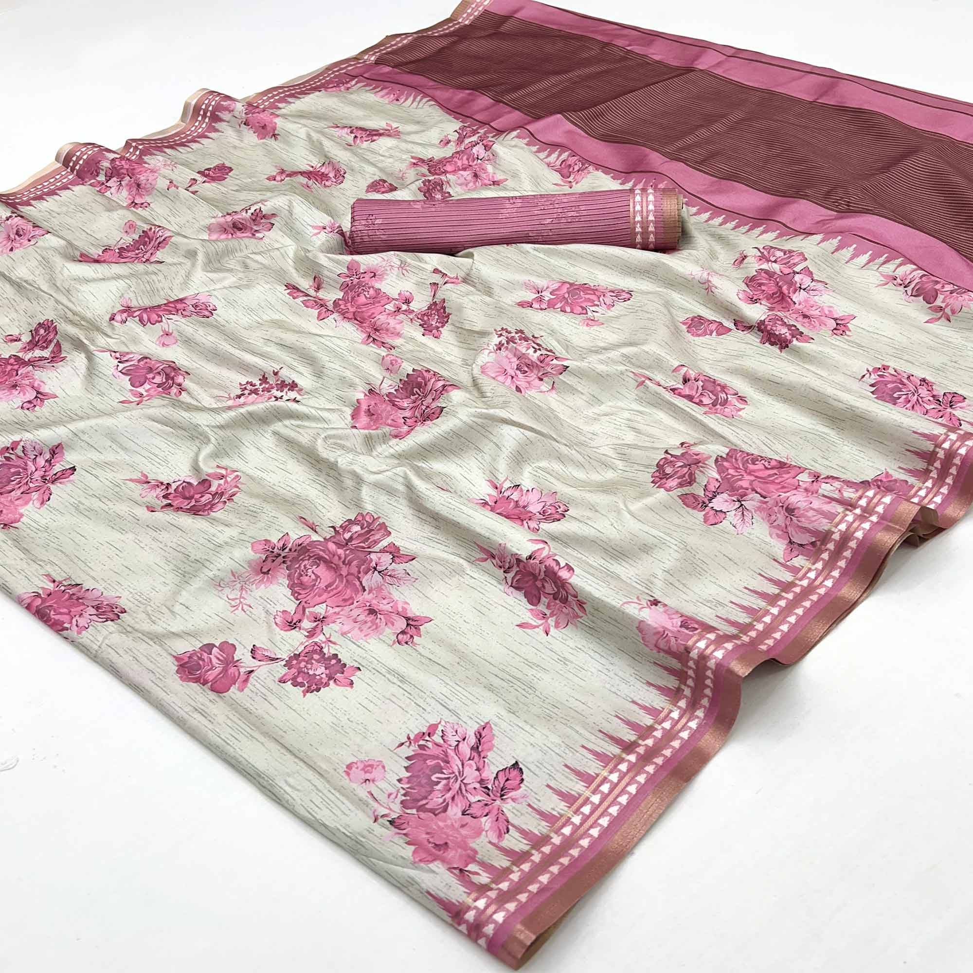 Charming Pink Silk Blend Saree Featuring Floral Digital Prints & Zari Border