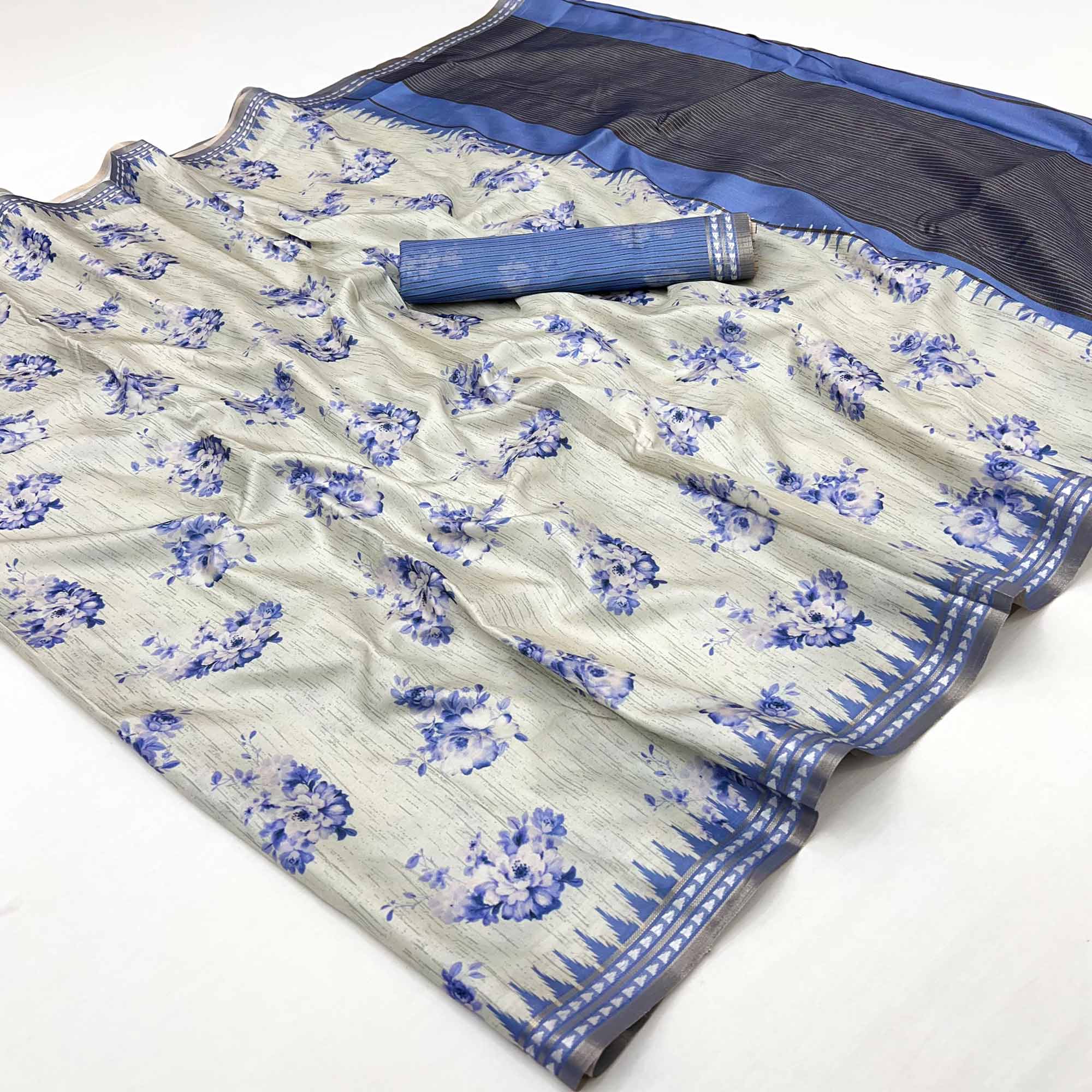 Charming Blue Silk Blend Saree Featuring Floral Digital Prints & Zari Border