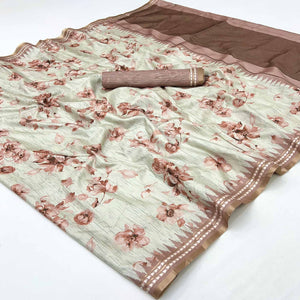 Charming Peach Silk Blend Saree Featuring Floral Digital Prints & Zari Border