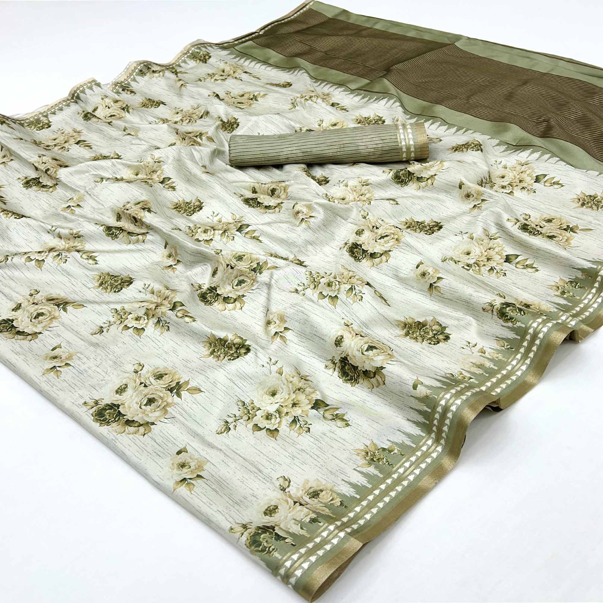 Charming Green Silk Blend Saree Featuring Floral Digital Prints & Zari Border