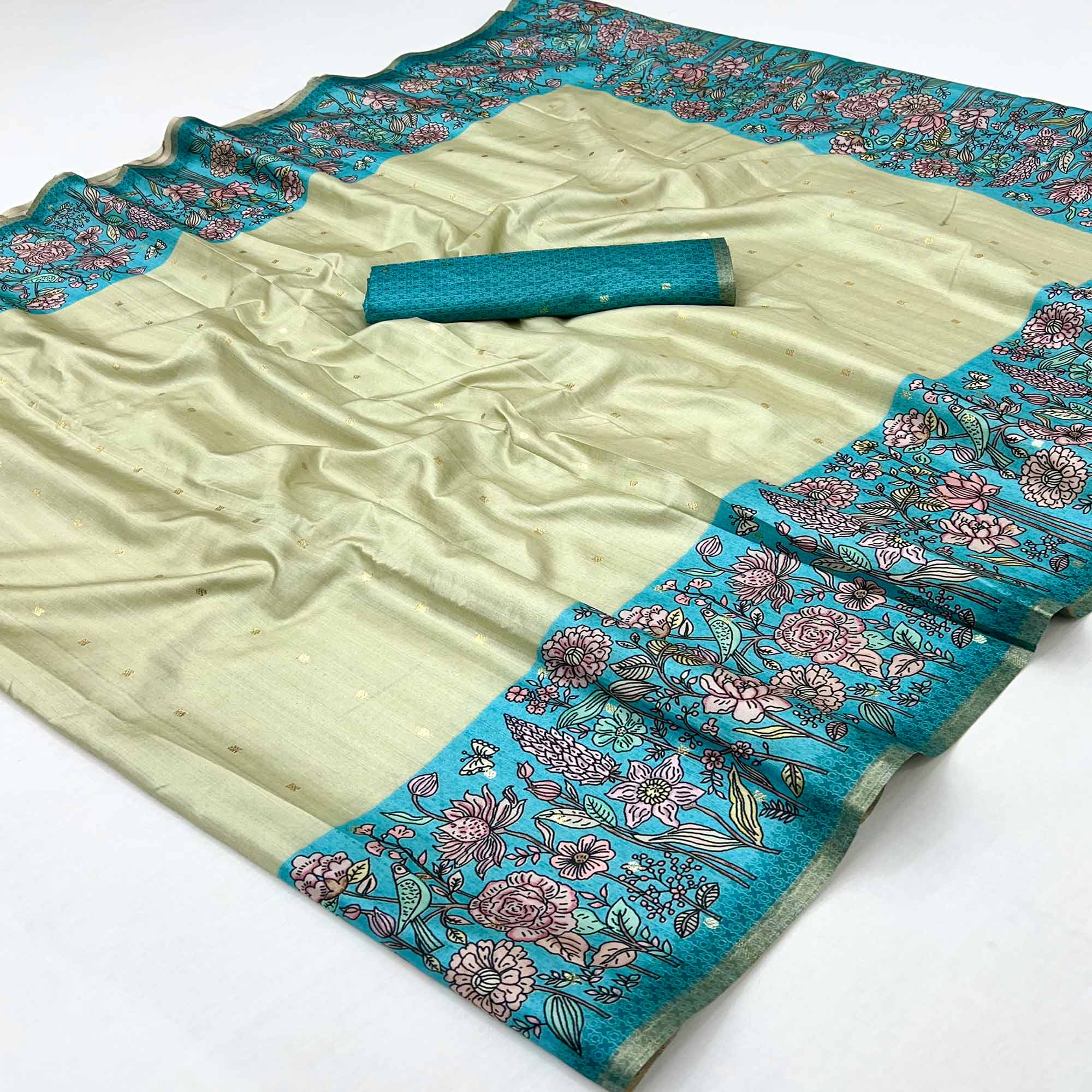 Majestic Chikoo & Blue Silk Blend Saree Enhanced With Floral Prints & Weaving Work