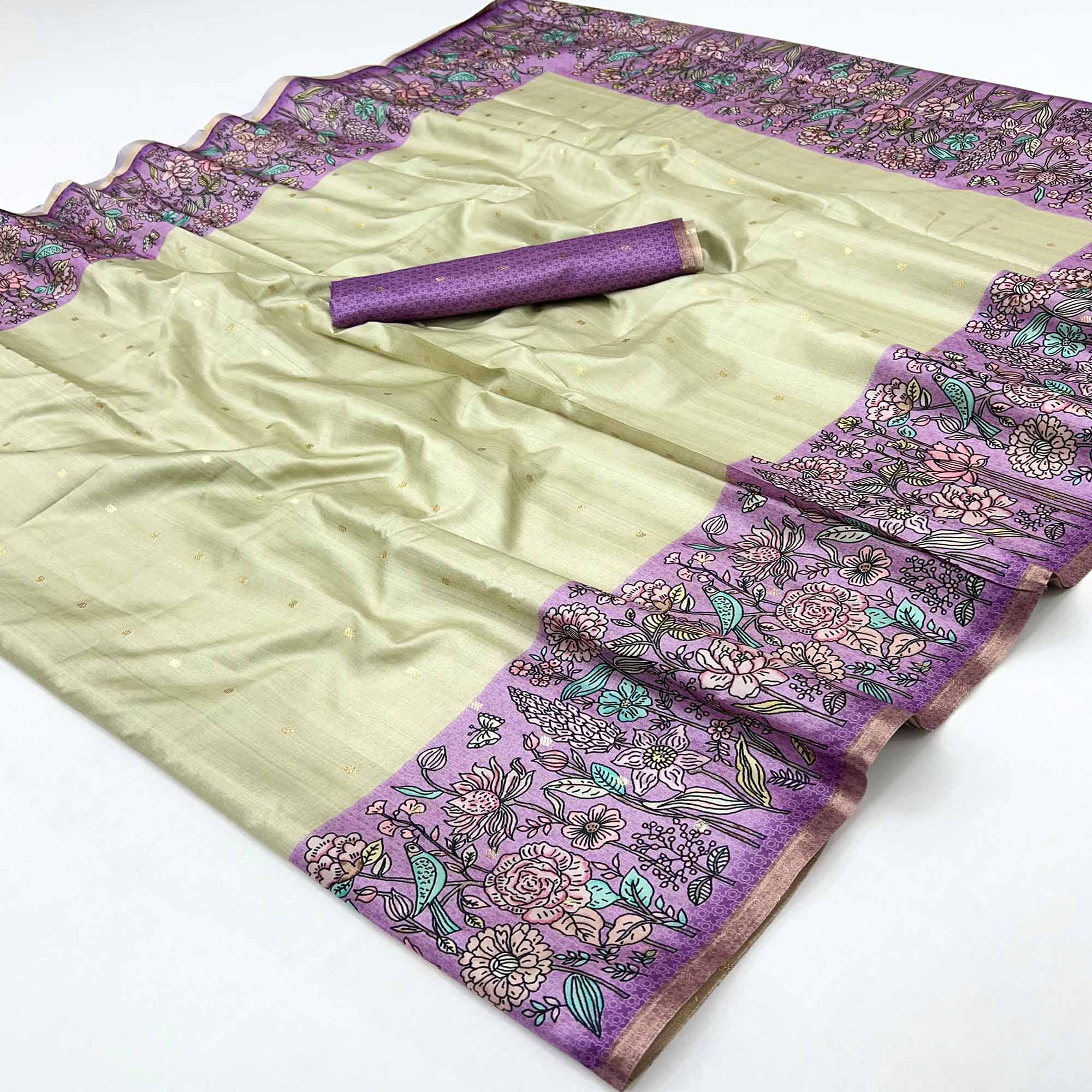 Majestic Chikoo & Purple Silk Blend Saree Enhanced With Floral Prints & Weaving Work