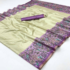 Majestic Chikoo & Purple Silk Blend Saree Enhanced With Floral Prints & Weaving Work