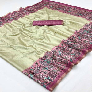 Majestic Chikoo & Pink Silk Blend Saree Enhanced With Floral Prints & Weaving Work