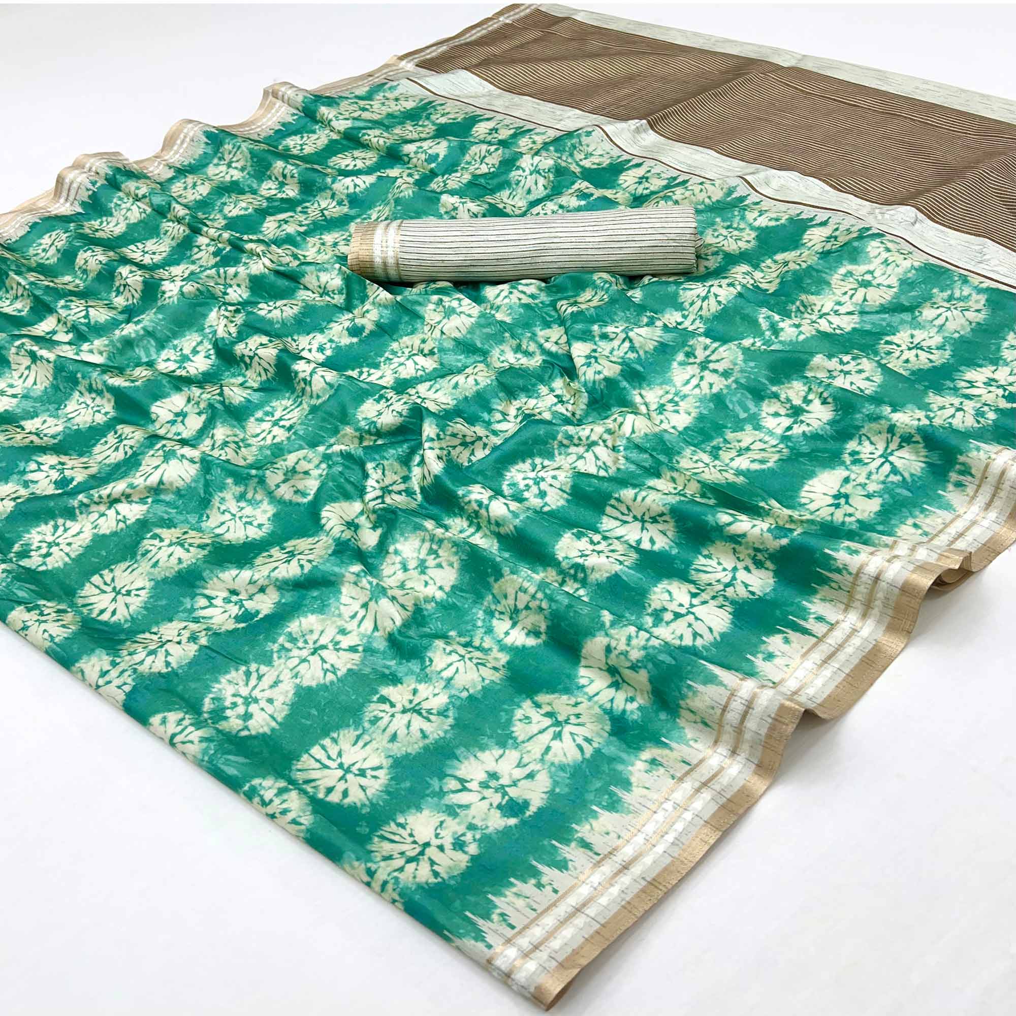 Opulent Rama Green Silk Blend Saree Adorned With Digital Prints & Zari Border