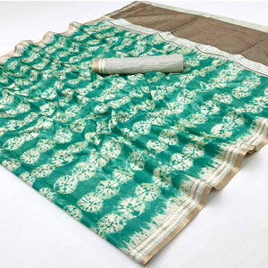 Opulent Rama Green Silk Blend Saree Adorned With Digital Prints & Zari Border