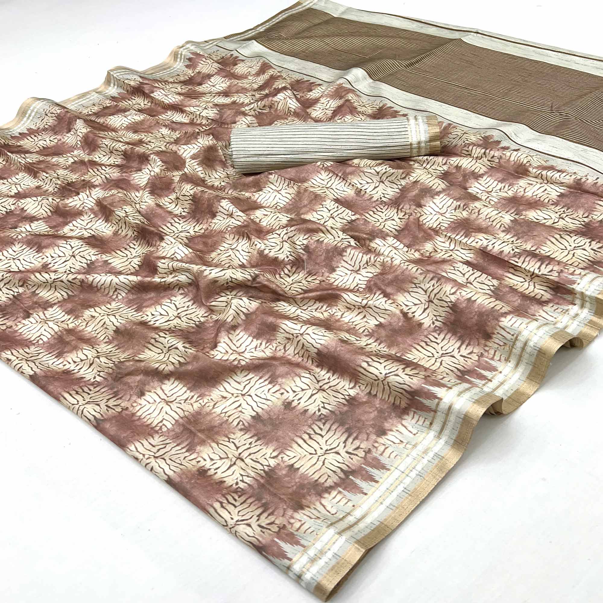 Opulent Brown Silk Blend Saree Adorned With Digital Prints & Zari Border