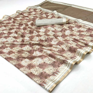 Opulent Brown Silk Blend Saree Adorned With Digital Prints & Zari Border