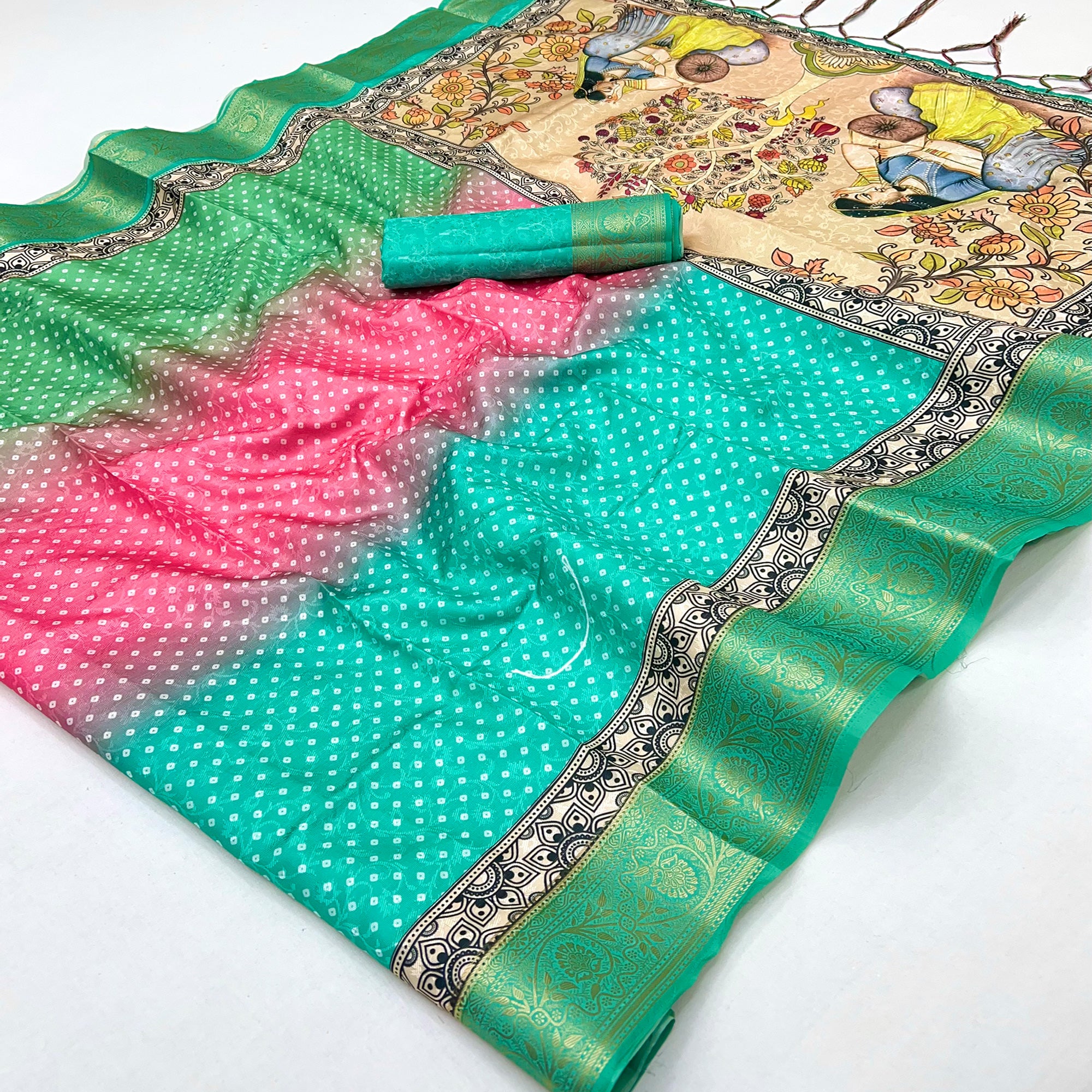 Rama Green Bandhani Digital Printed Silk Blend Weaving Saree With Madhubani Pallu With Tassel