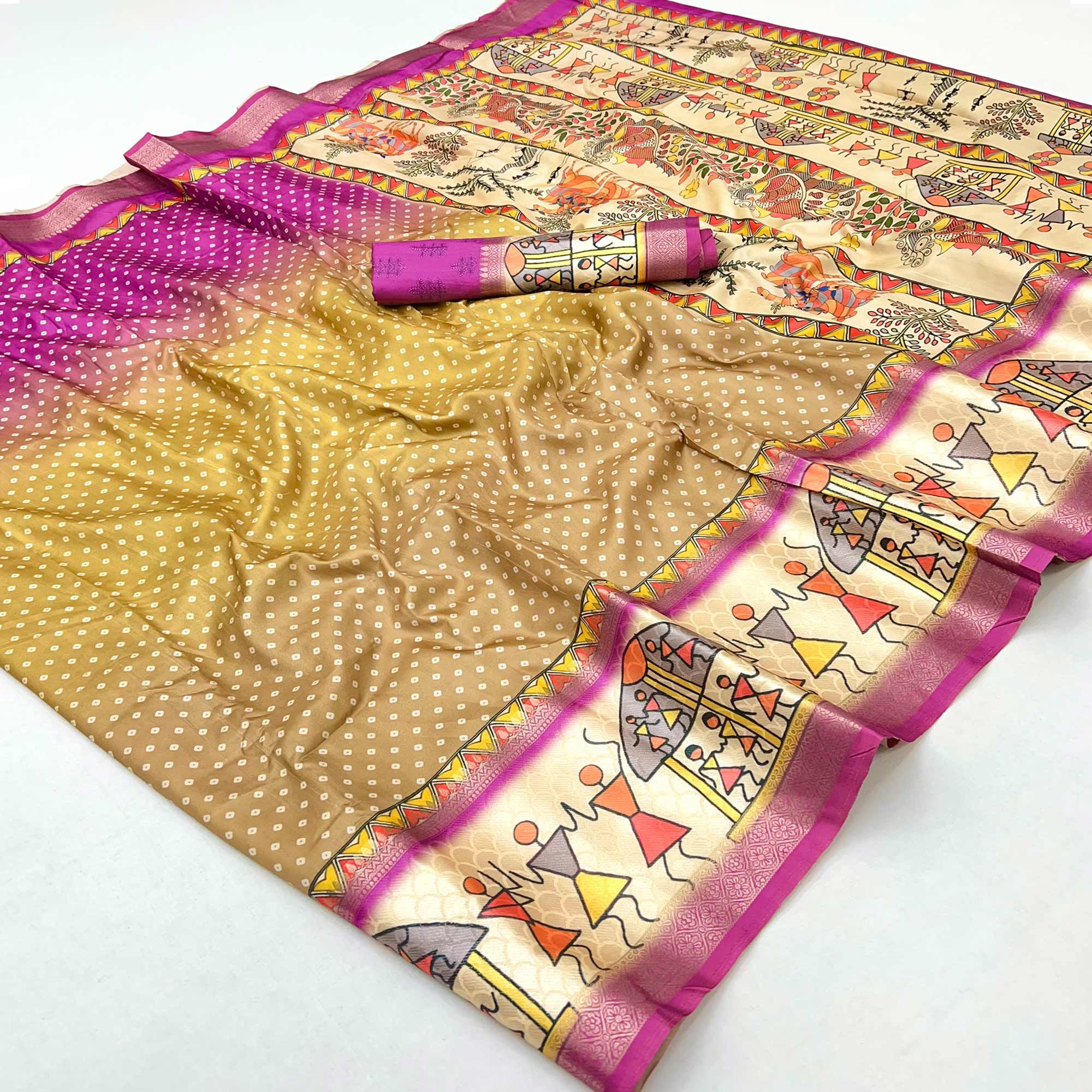 Magenta Traditional Bandhani & Warli Digital Printed Silk Blend Saree With Weaving Border