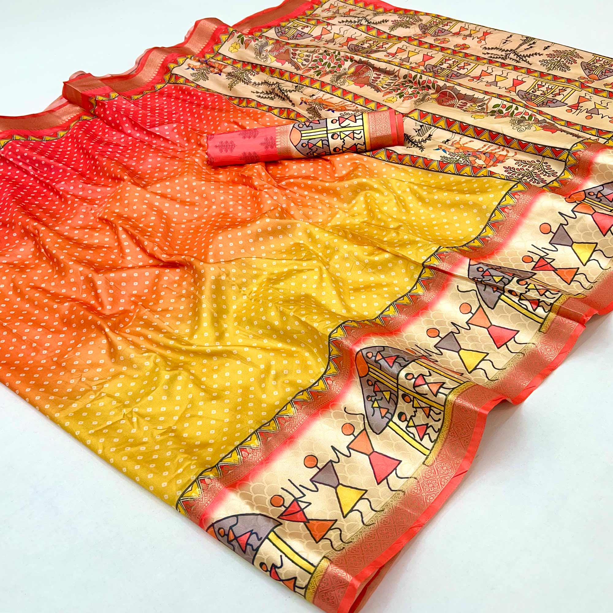 Coral Red Traditional Bandhani & Warli Digital Printed Silk Blend Saree With Weaving Border