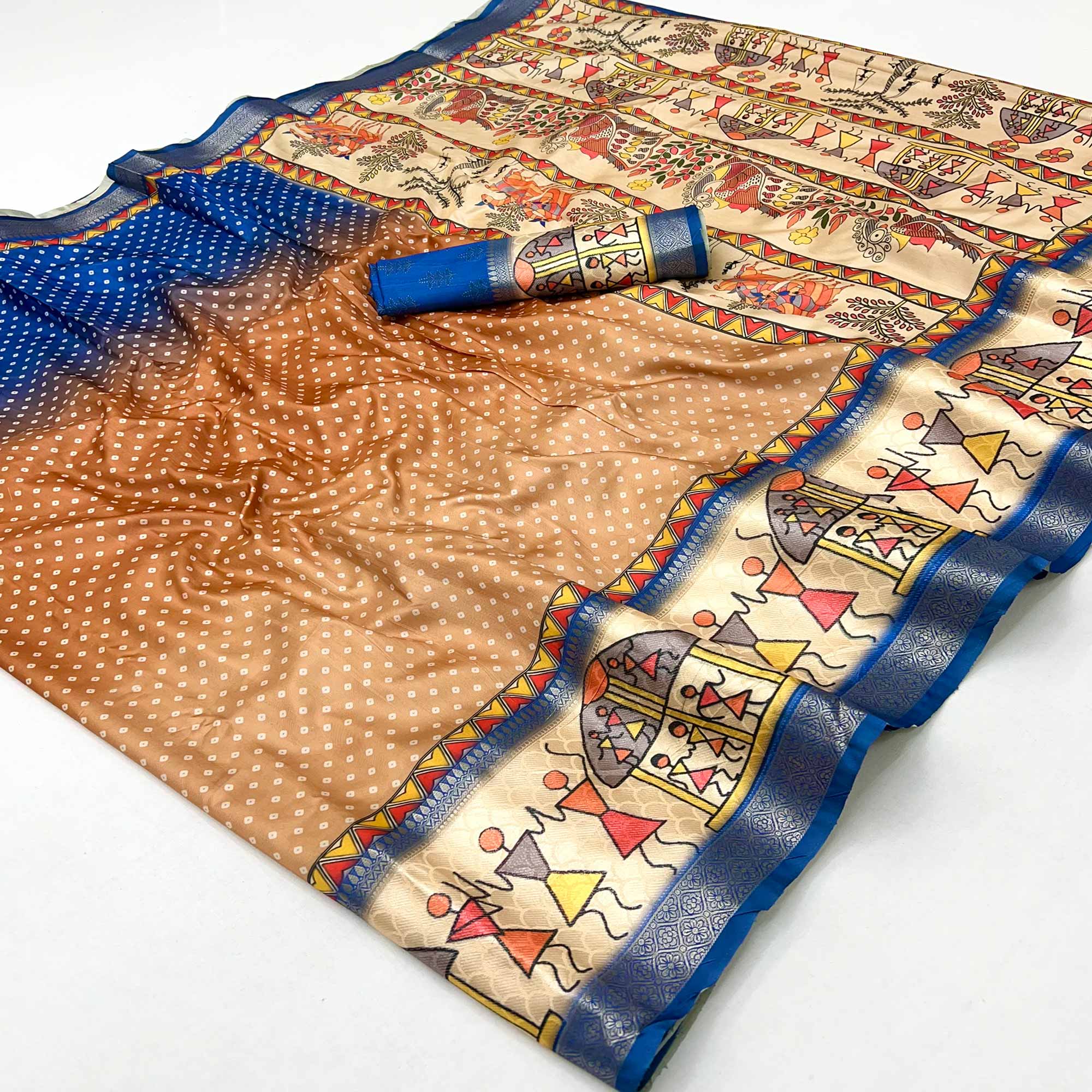 Royal Blue Traditional Bandhani & Warli Digital Printed Silk Blend Saree With Weaving Border
