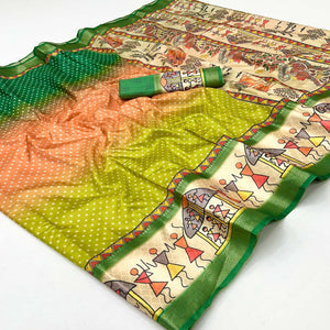 Green Traditional Bandhani & Warli Digital Printed Silk Blend Saree With Weaving Border