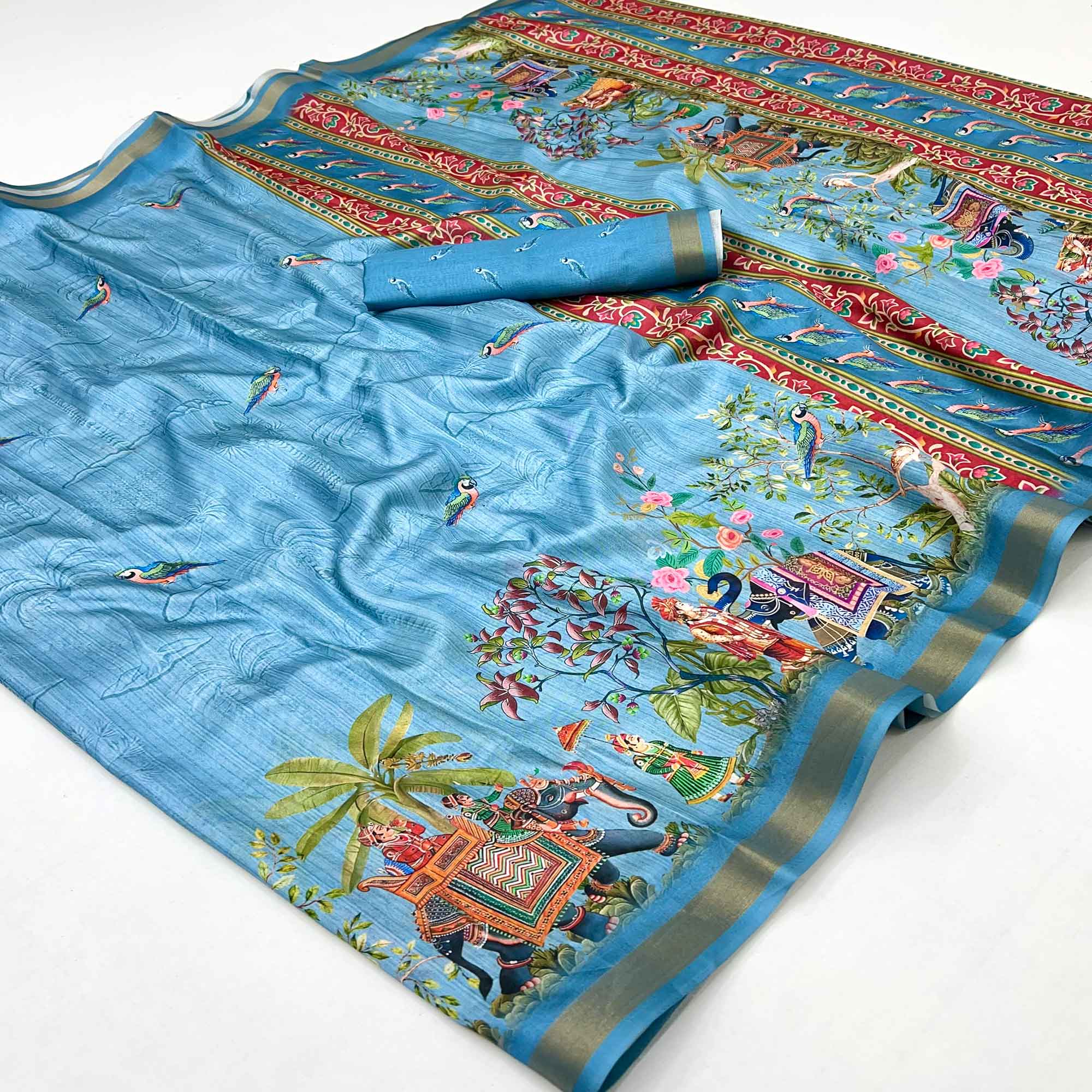 Blue Dola Silk Saree With Majestic Elephant & Vibrant Peacock Digital Prints