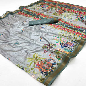 Grey Dola Silk Saree With Majestic Elephant & Vibrant Peacock Digital Prints