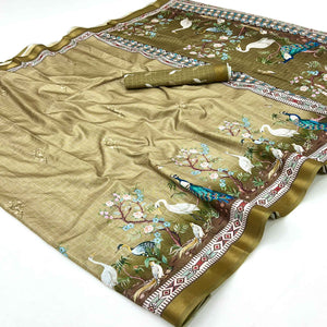 Green Digital Printed Dola Silk Saree With Royal Floral & Peacock Motifs