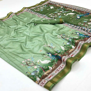 Green Digital Printed Dola Silk Saree With Royal Floral & Peacock Motifs