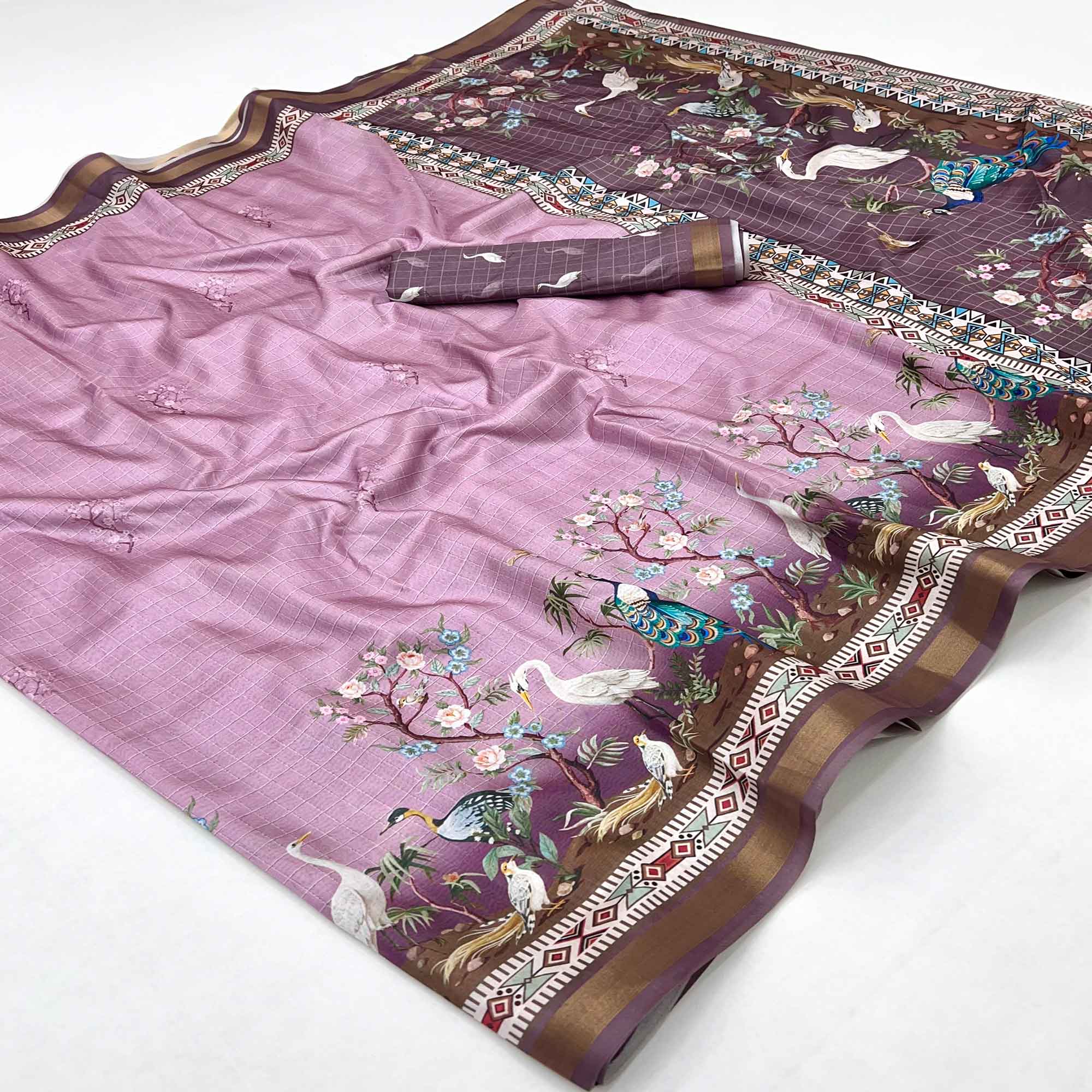Purple Digital Printed Dola Silk Saree With Royal Floral & Peacock Motifs