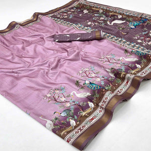 Purple Digital Printed Dola Silk Saree With Royal Floral & Peacock Motifs