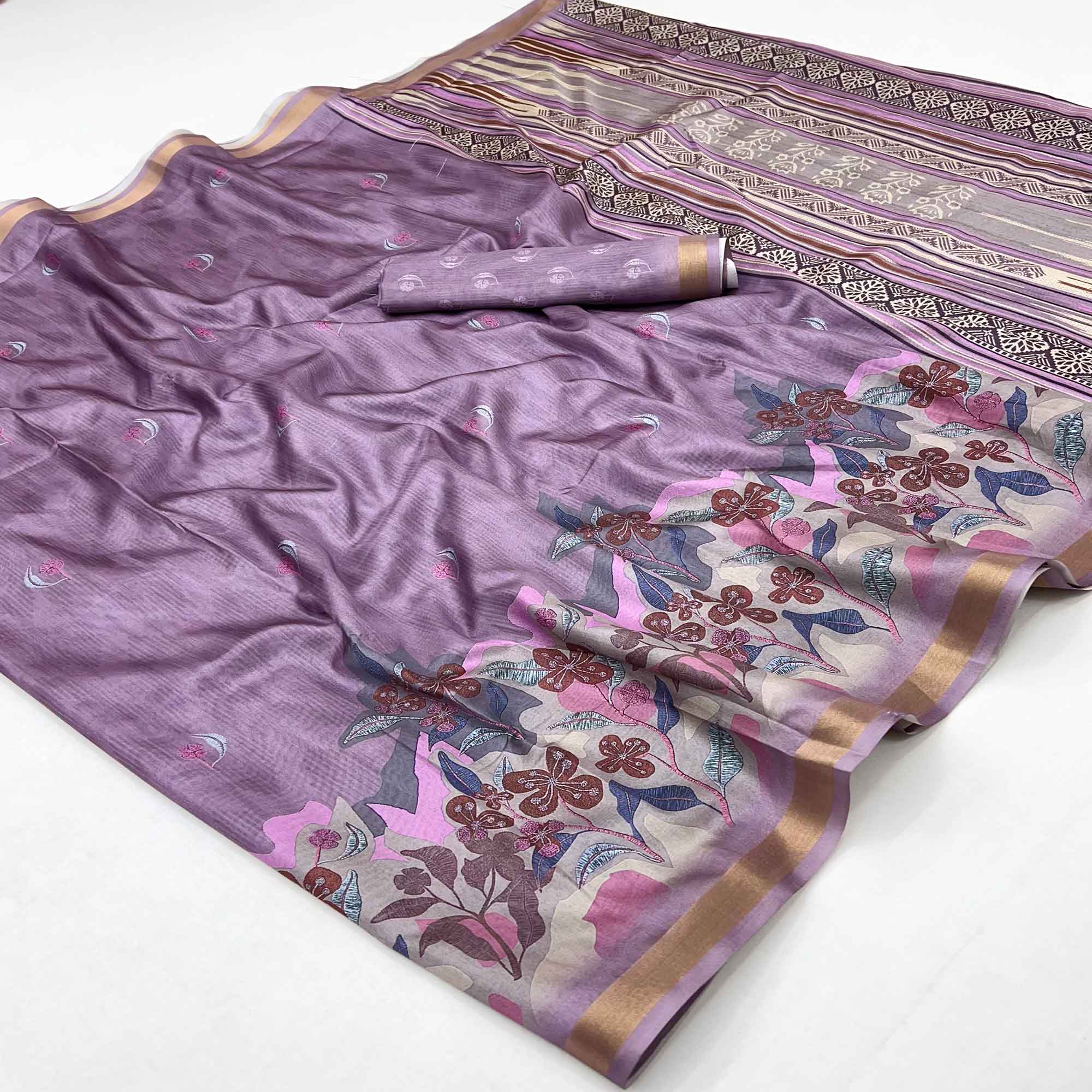 Ethereal Lavender Floral Digital Printed Dola Silk Saree With Zari Border