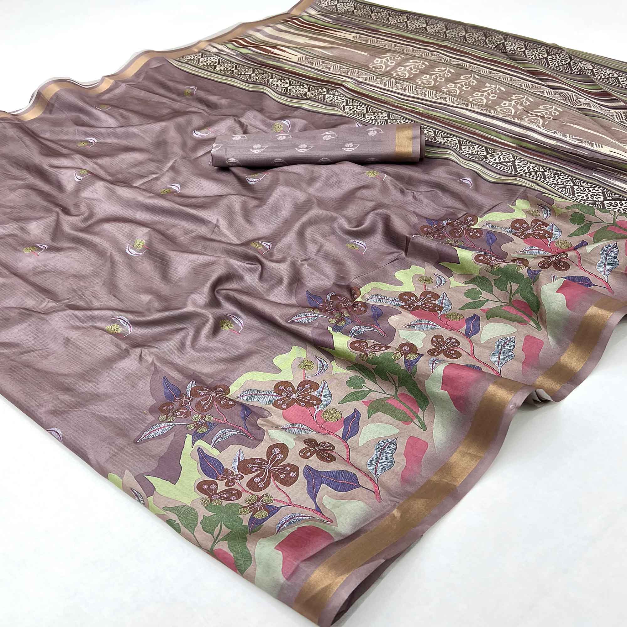 Ethereal Taupe Floral Digital Printed Dola Silk Saree With Zari Border